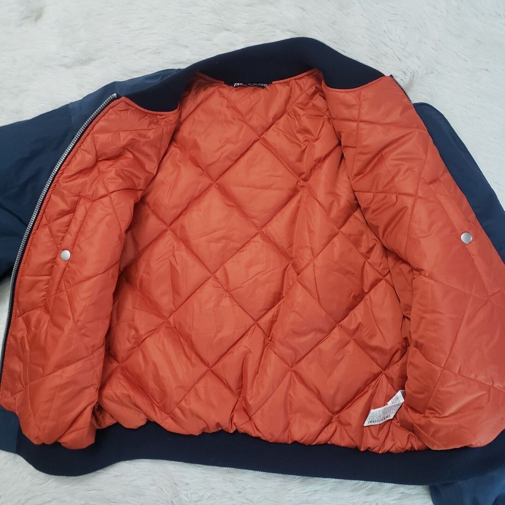 EUC Zara Padded Bomber Jacket Puffer Coat Womens L Navy Blue Quilted Lining Zip - Picture 6 of 11